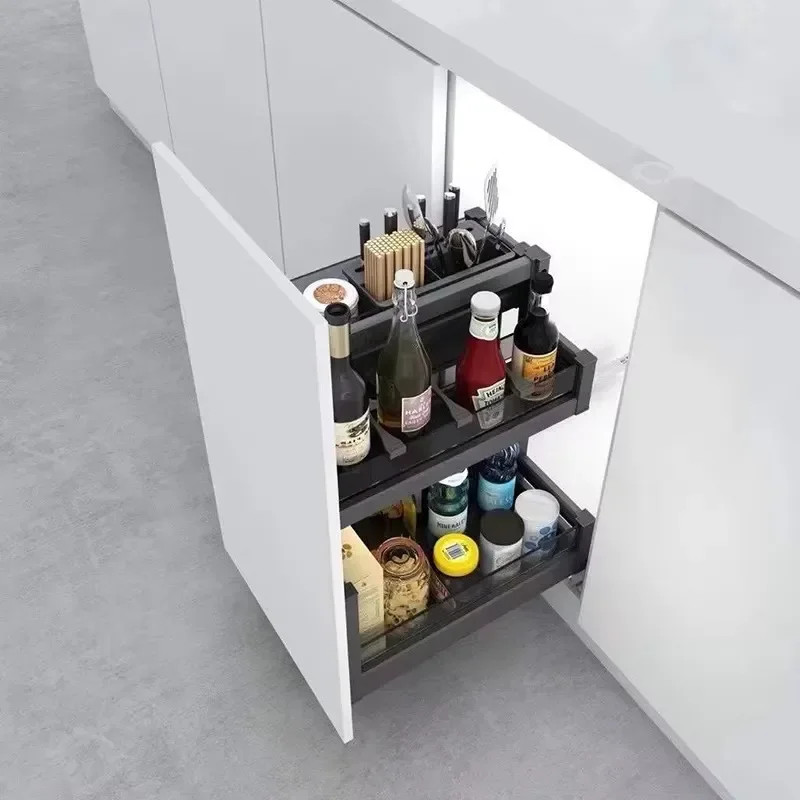 Kitchen All Aluminum Seasoning Basket Cabinet Storage Pull-out Shelf Shallow Cabinet Shock Absorption Track Shelf