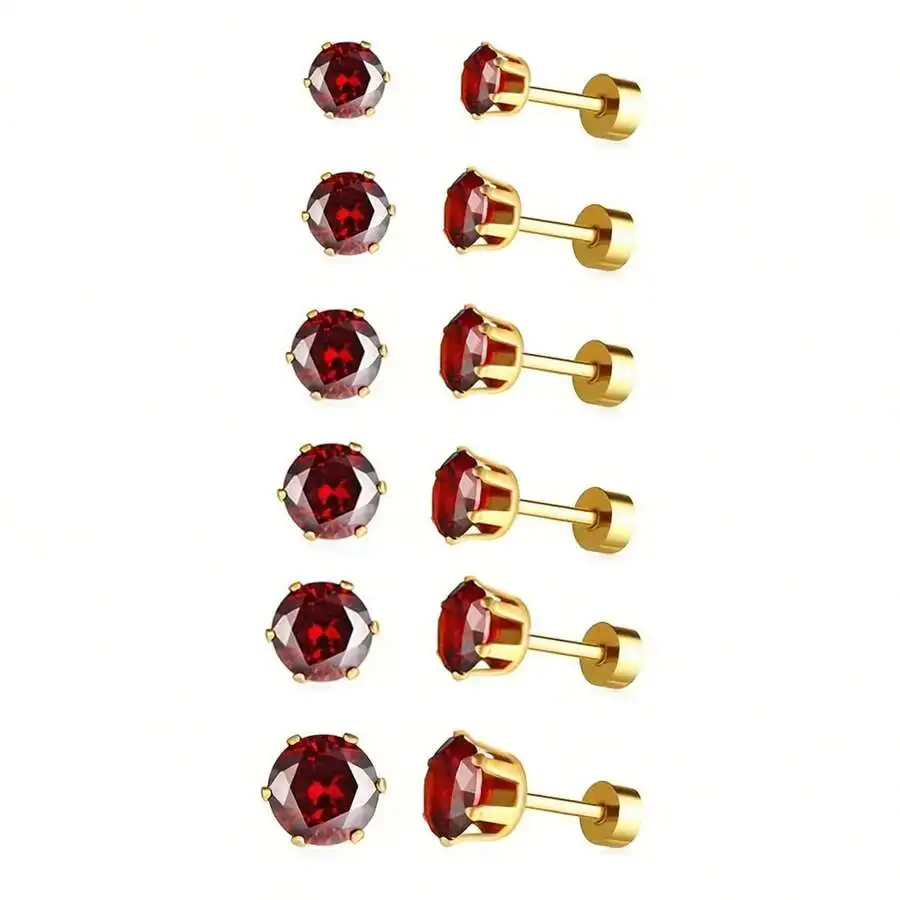 

6 Pairs Stainless Steel Gold Plated CZ Stone Stud Earrings For Women