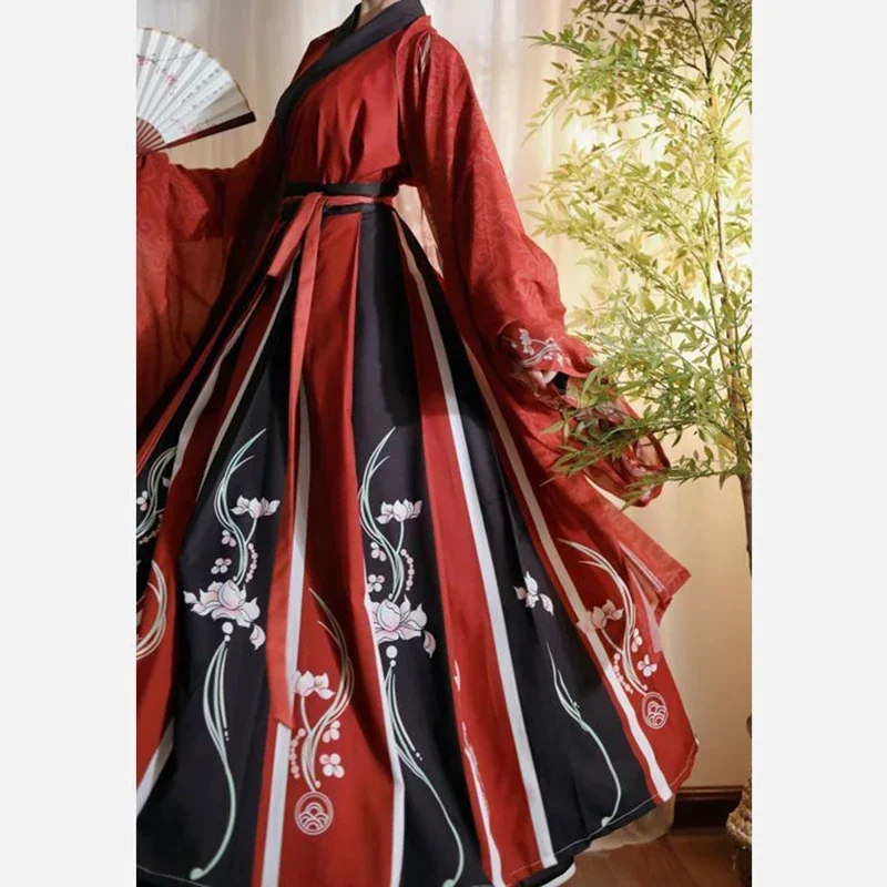 Chinese Traditional Hanfu Dress Women&Men Carnival Cosplay Costume Ancient Print Hanfu Black&Red Set For Couples Plus Size XL