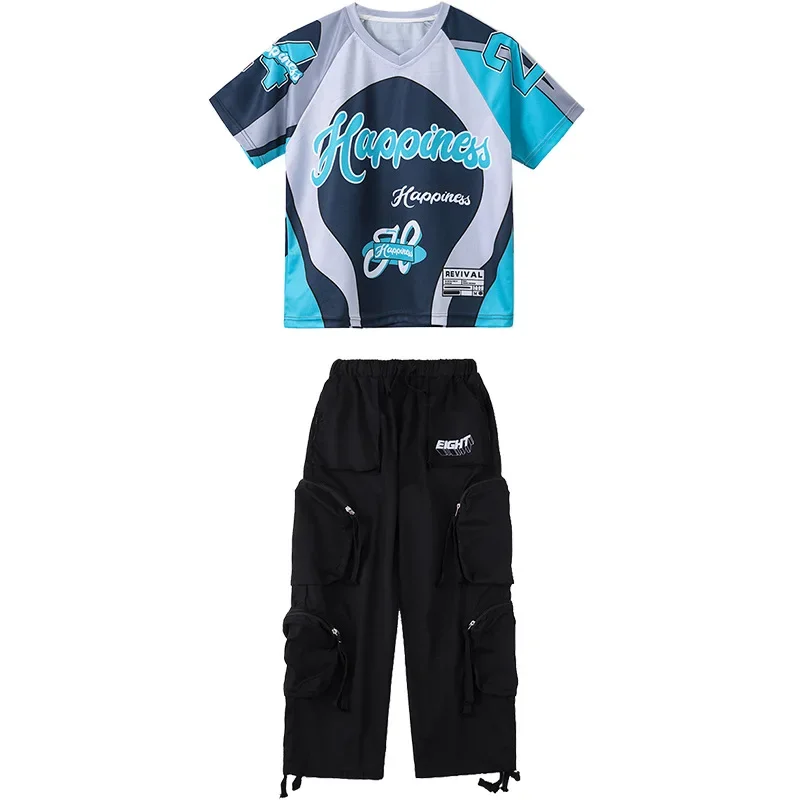 Neue Ballsaal Hip Hop Street Dance Kostüme für Mädchen Casual T-Shirt Schwarz Cargo Hosen Anzug Gruppe Jazz Leistung Bühne Tragen