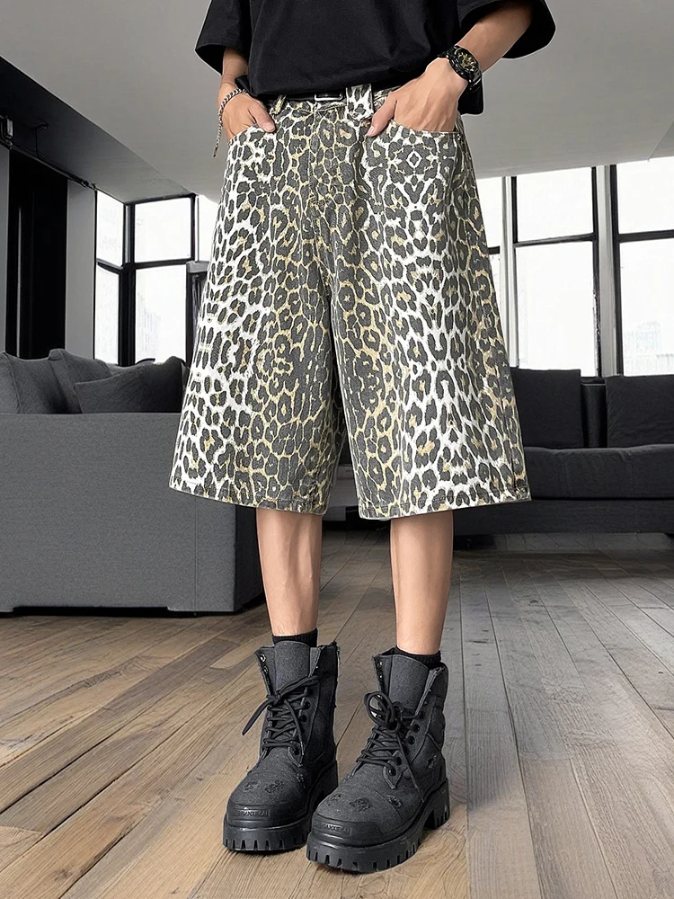 Fashion Harajuku Summer Hip Hop Leopard Painted Plus Size Sweatpants Men Straight Leg Trousers Sports Wide Leg Shorts Pants