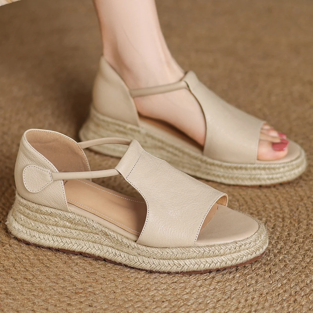 

Женские сандалии на плоской подошве с открытым носком из овчины и конопли на толстой подошве, высококачественная мягкая удобная повседневная женская летняя повседневная обувь