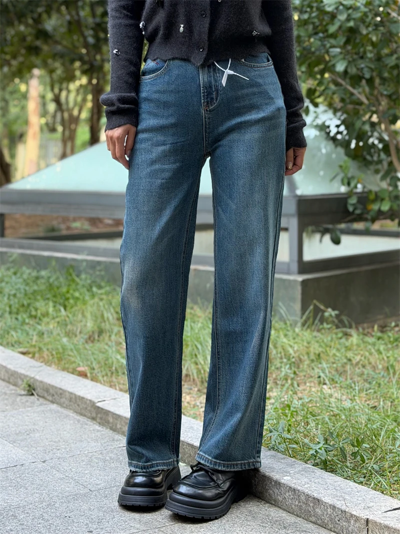 

Женские джинсы премиум-класса из шелковистого денима в стиле ретро, с высокой талией, облегающие, с широкими штанинами, осенняя коллекция, модные, классического кроя