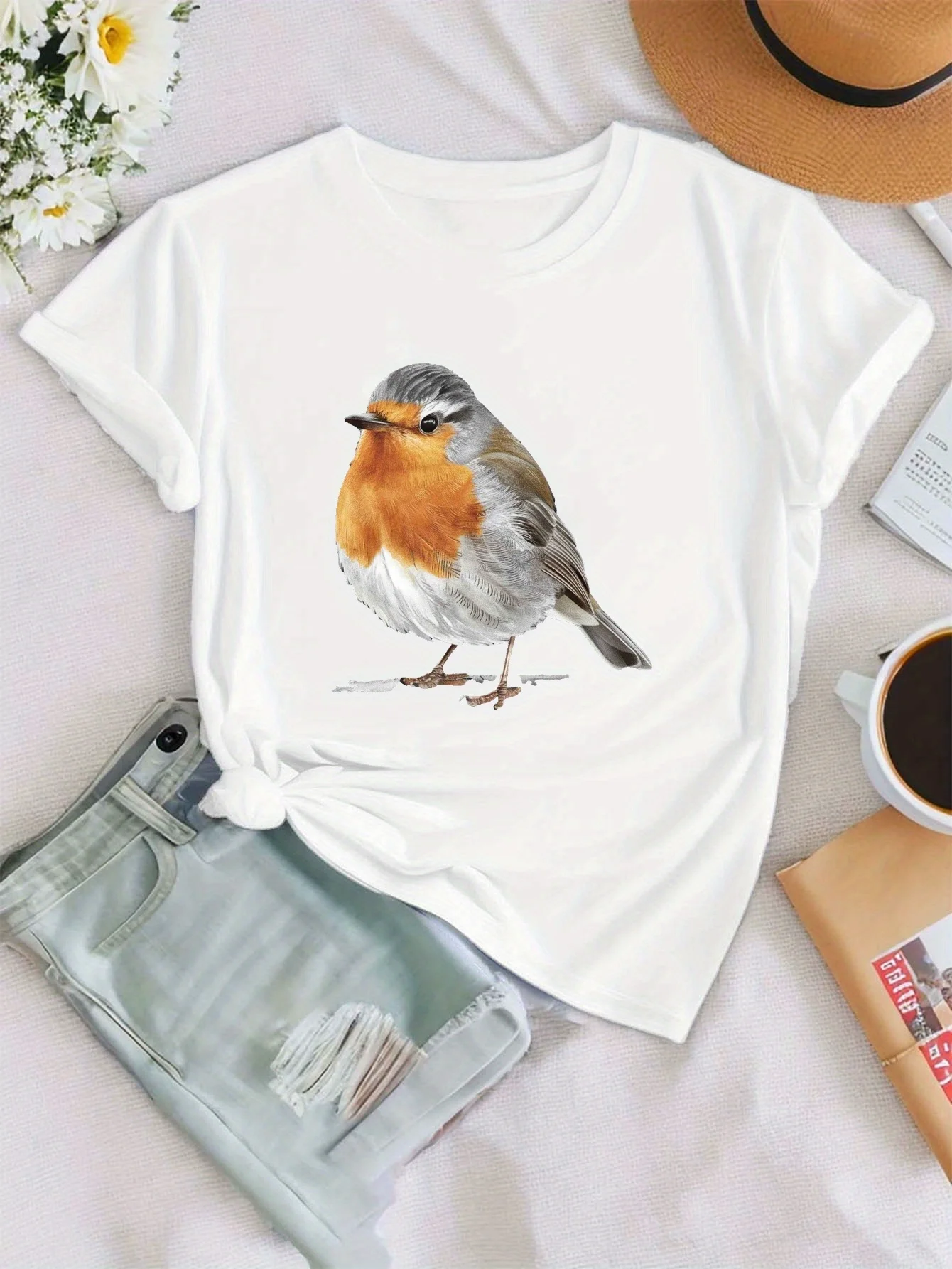 Women's Black Short Sleeve Crew Neck T-Shirt Robin Print Casual Comfort Fit Versatile Top Fashion Graphic T Shirts Personality