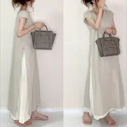 Summer Loose Large Size Two-Piece Set Pleated Short Sleeve Women's Dress Long Skirt Japanese Style Simple  Color Gradient