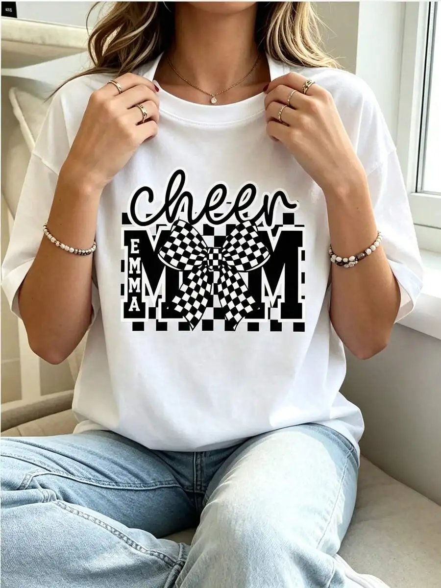 Women Short Sleeve Casual T Shirt Personalized Cheer Mom Checkered Bow Print All Seasons Daily Wear Top