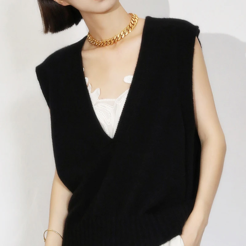 Classic Minimalist Ins Style Furry Knitted Vest Women's New Large V-neck Loose Soft Sleeveless Sweater Vest Commute Style