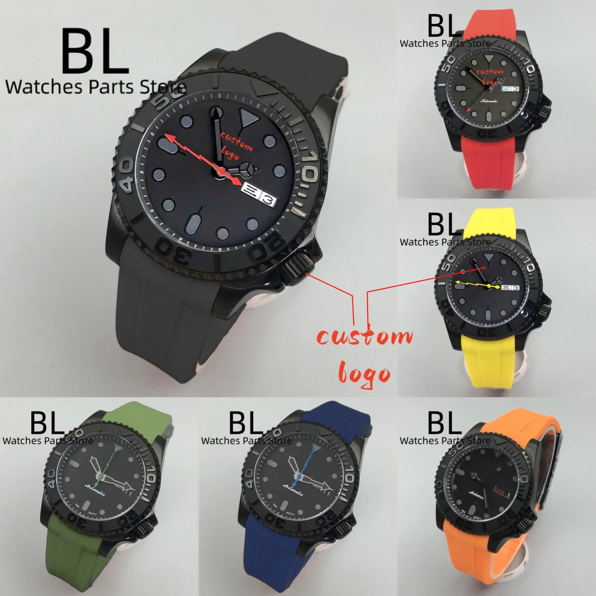 BLIGER 40mm Customizable 3.8 Crown Men's Watch NH36 Movement Full Black Dial PVD Case SapphireCurved End Rubber Strap Waterproof