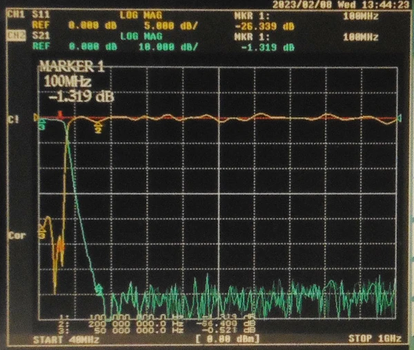 100MHz 9th-order low-pass filter, discrete LC components, small volume, SMA interface