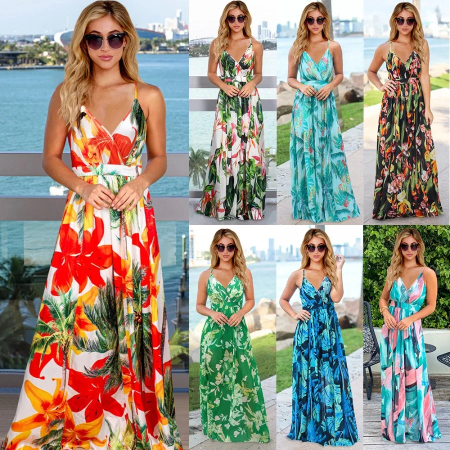 

【New style】European and American spring and summer new dress Bohemian floral suspender long dress women's dress large size