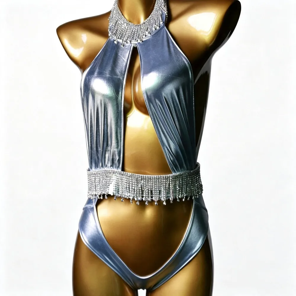 Women Sexy One Piece Bikini Swimsuit Gold Rhinestones Fringe Halter Backless Swim Bodysuit Bar Nightclub Bikini Stage Costume