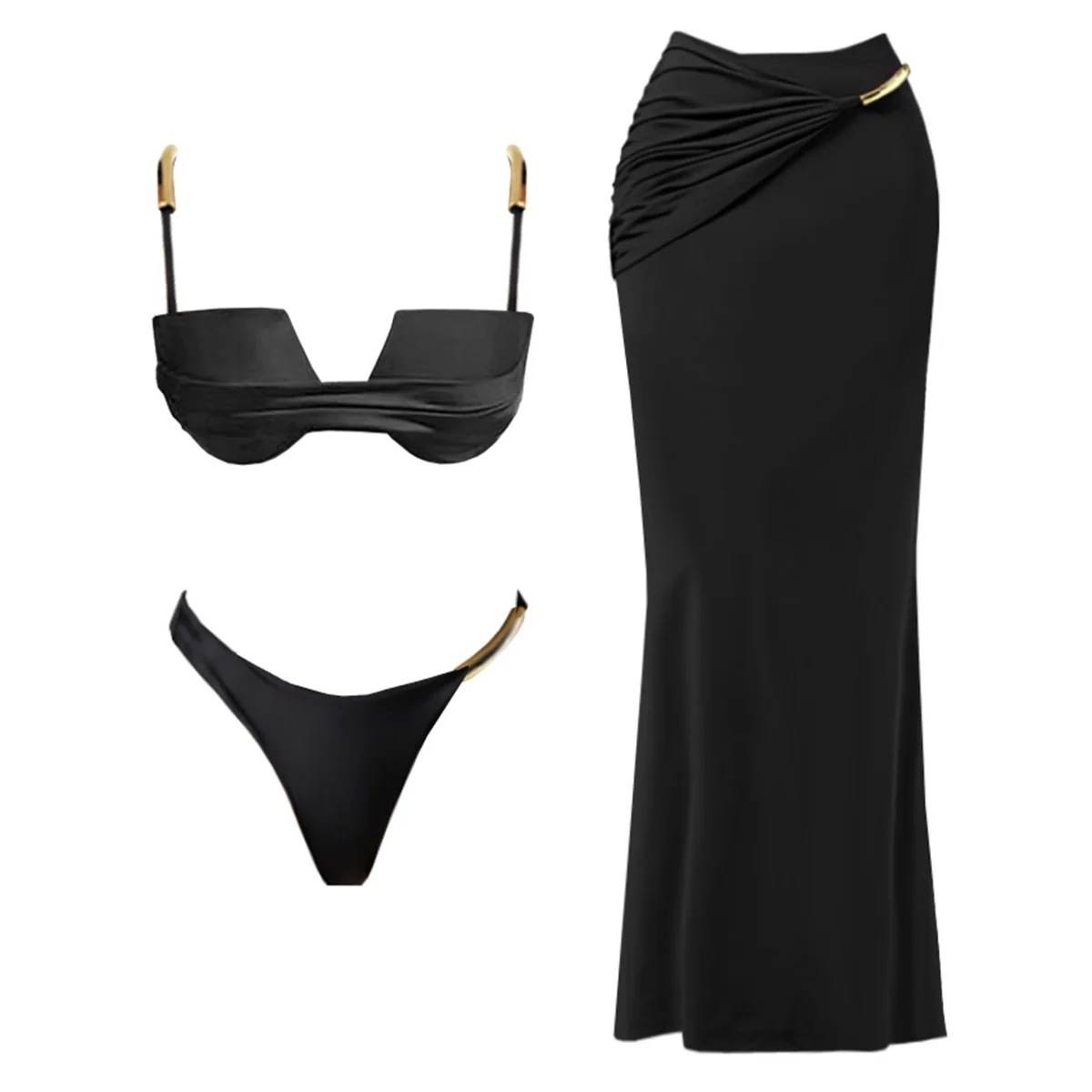 3 Stücke Push-Up Bikini 2026 Neue Badeanzug Frauen Sexy Bademode Weibliche Bandeau Biquini Solid Black Badeanzug Schwimmen Anzug Bademode