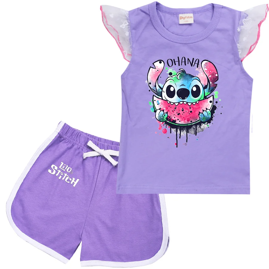 Lilo Stitch Cartoon Clothing Baby Boys Summer Clothes T-shirt+shorts Baby Girls Casual Clothing Sets