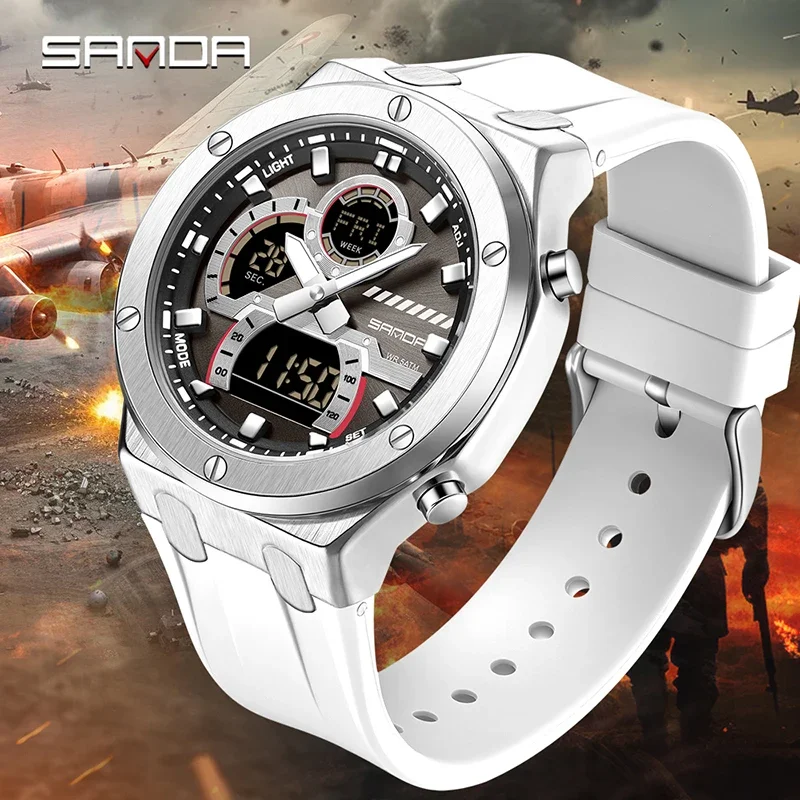 SANDA Fashion Youth Men's Watches Luxury Alloy Case Multifunctional Waterproof Watch Double Display Calendar Week Student Watch