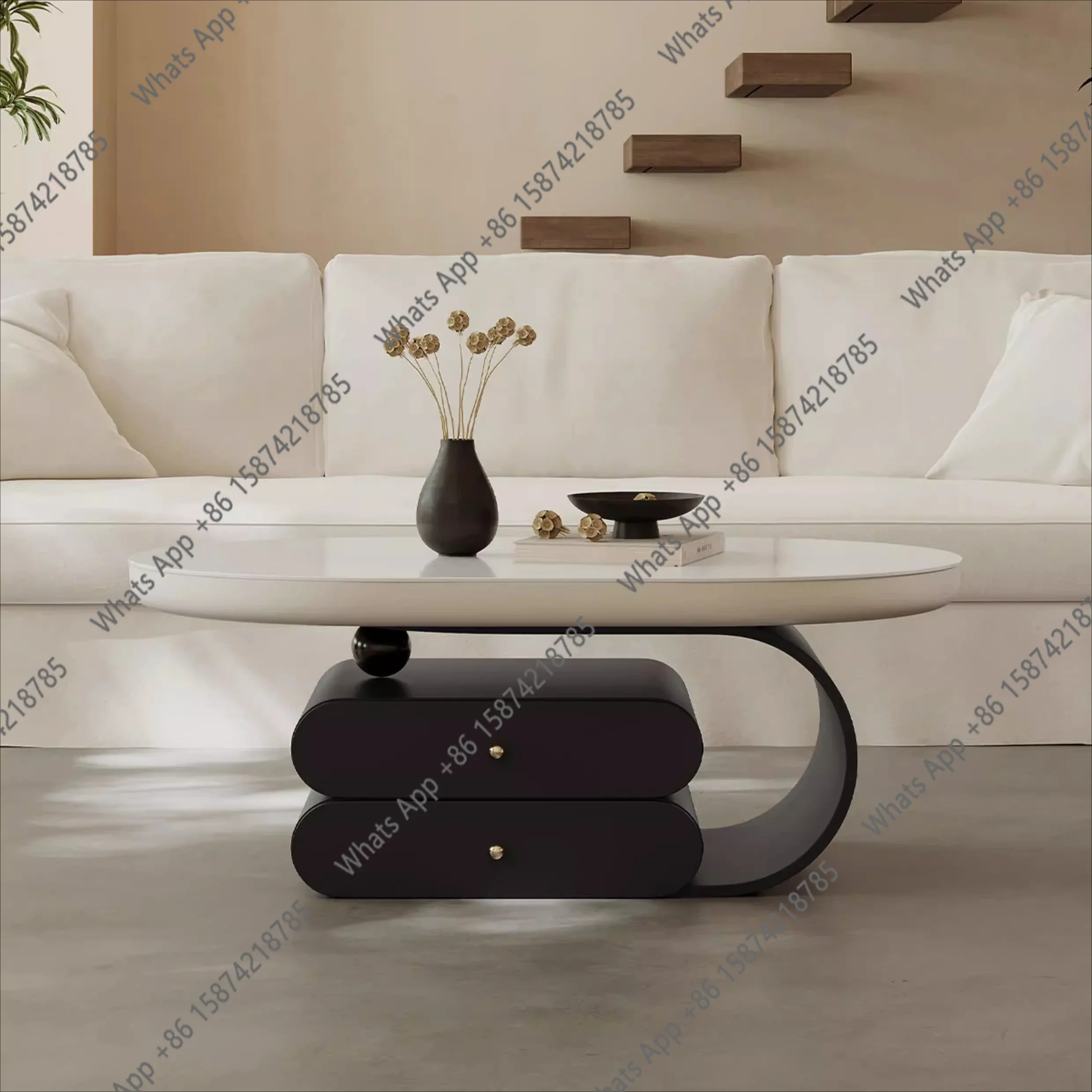Y-French oval coffee table living room light luxury designer minimalist high-end rock slab coffee table black