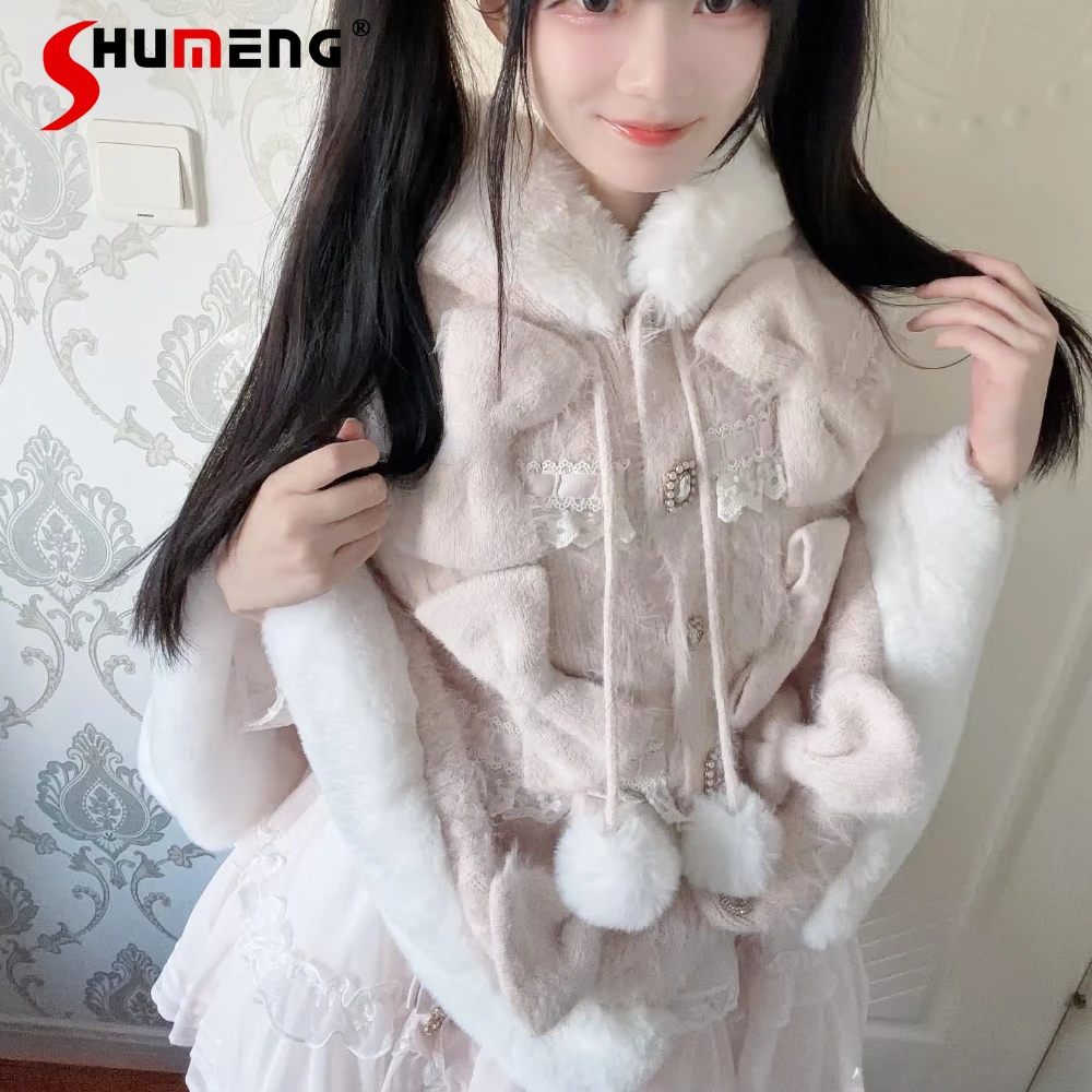 

2025 Winter New LIZ Lolita Cape Japanese Sweet Cute Bow Lace Patchwork Single-Breasted Thick Warm Hooded Cloak Jackets for Women