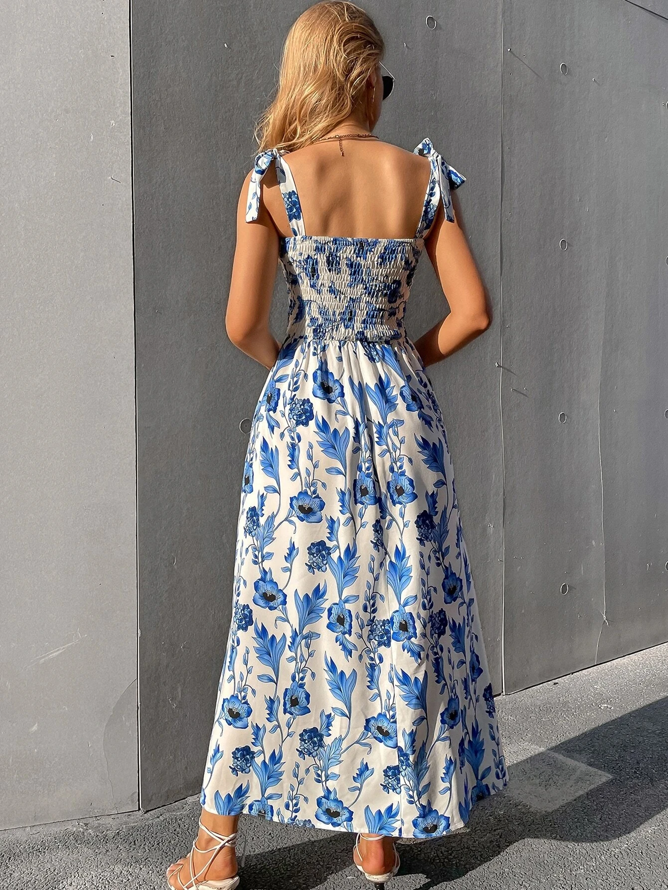 【Romance elegante】Vestido espartilho floral com alças atadas e corpete franzido, vestido bodycon para convidados de festa para casamento, data noturna