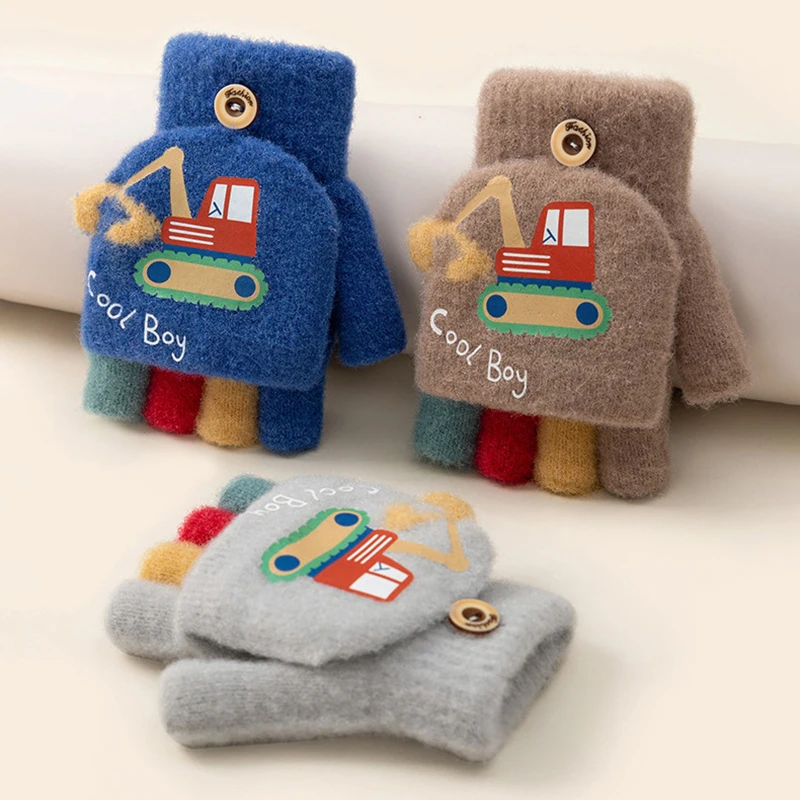 การ์ตูนฤดูหนาวถุงมือเด็กน่ารักExcavatorหนาเด็กHalf Finger Flip Mittensกลางแจ้งเด็กวัยหัดเดินWindproofถุงมือเด็ก