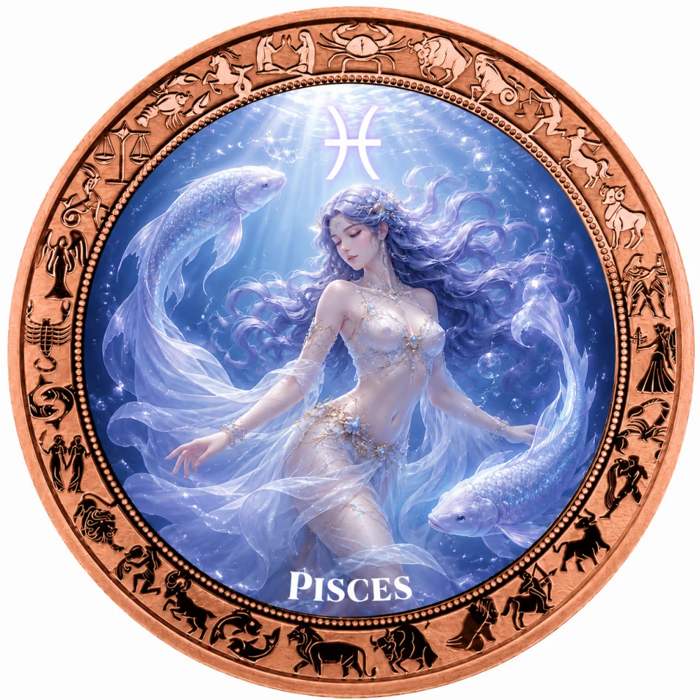 1oz .999 Fine Copper Round Zodiac Horoscope Goddess Set Sagittarius Aquarius Leo Cancer Scorpio Pisces Colorized Art Desk Gift
