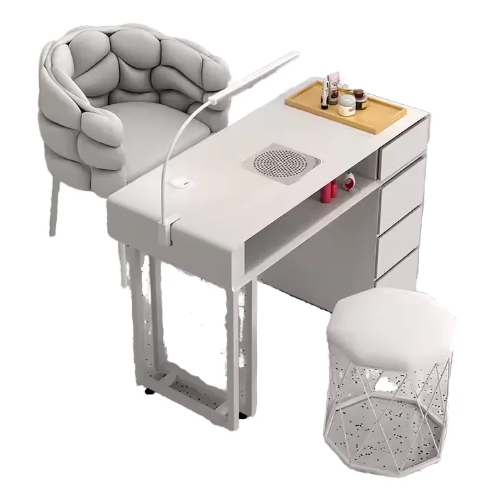 Luxury Marble Manicure Table, Tufted Nail Bar Desk with Chair and Dust Collector, Salon Furniture Package for Bedroom and Mall
