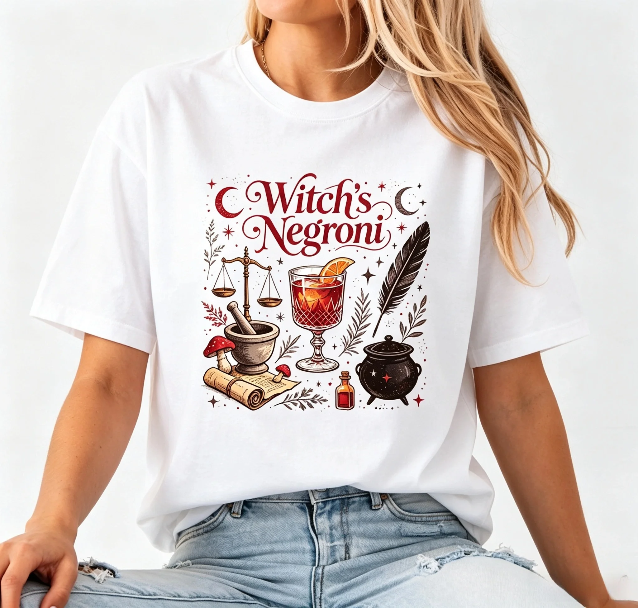 Women's Witchs Negroni Cocktail Mushroom Cauldron Moon Vintage Graphic T Shirt Mystical Witchy Short Sleeve Casual Tee