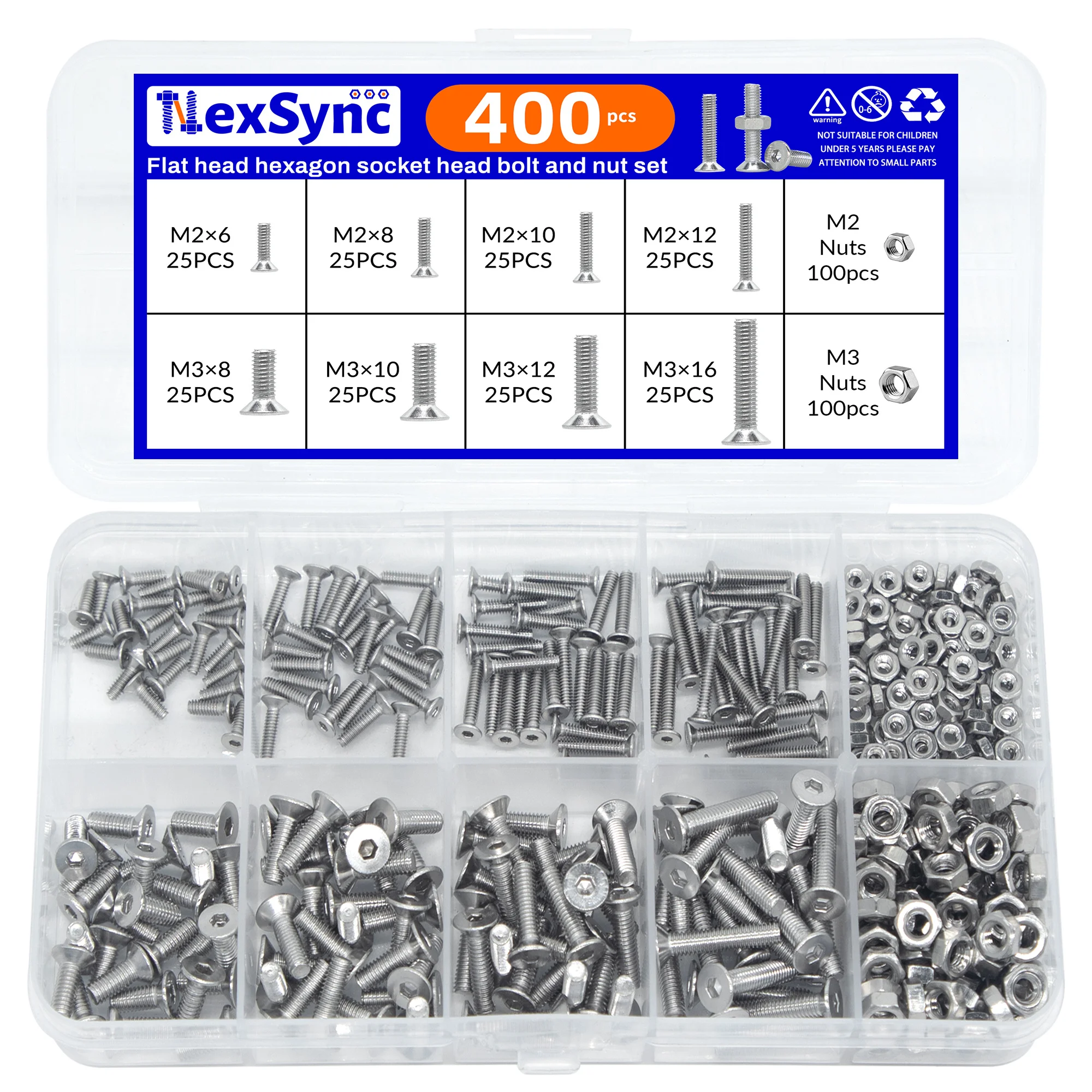 400pcs M2 M3 10 Sizes Allen Hexagon Hex Socket Head Cap Flat Countersunk Screw Bolt Nut Set Mix Kit Box 304 A2 Stainless Steel