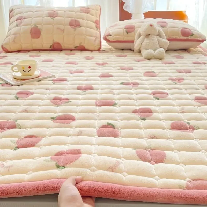 Winter Quilted Milk Velvet Thin Mattress Toppers Thickened Warm Bed Sheet Bedspread Single Double Soft Fold Tatami Floor Mat