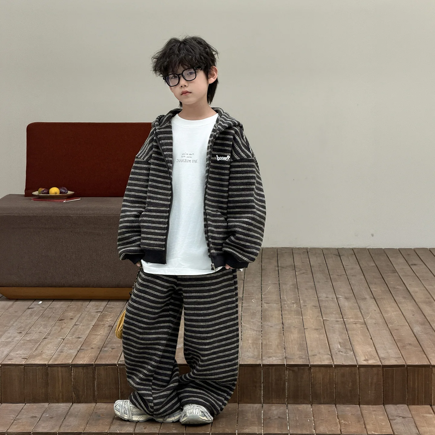 Children Clothing Korean Style Loose Comfortable Fleece Set 2026 Winter New Boys Fashion Casual Striped Playful Two Piece Set