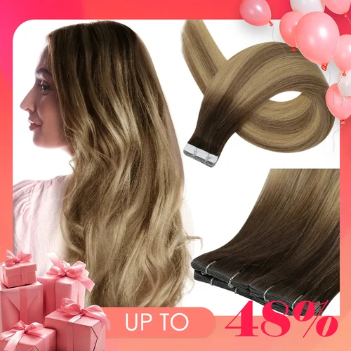 Imagen 1 del producto Cinta de inyección virgen de brillo completo en extensiones de cabello humano, cinta Invisible atada a mano en extensión de cabello, adhesivo Natural de cabello humano