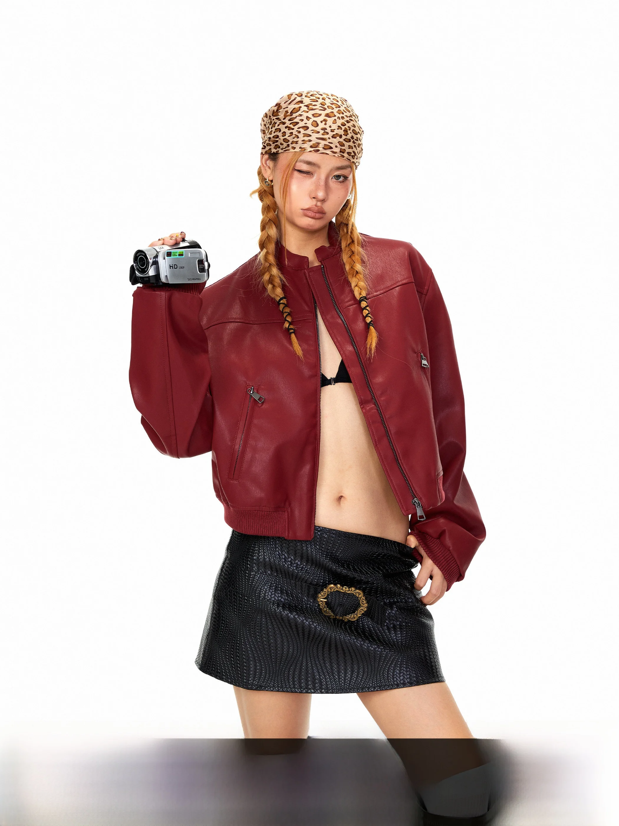 Blabb Roter Bla-Stehkragen PU-Leder Langarm-Jacke für Damen, Herbst-Neuheit im American Hot Girl Stil, Lockerer Kurzmantel