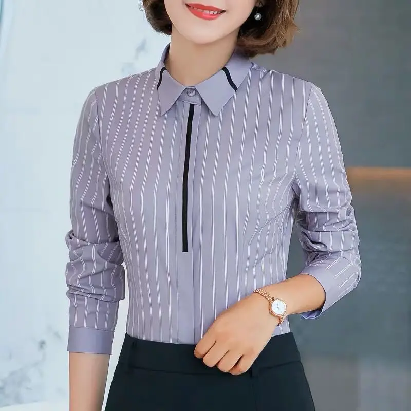 

Business Casual Office Lady Blouses Elegant Fashion Skinny Striped Turn-down Collar Button Spring Summer Thin Women's Clothing