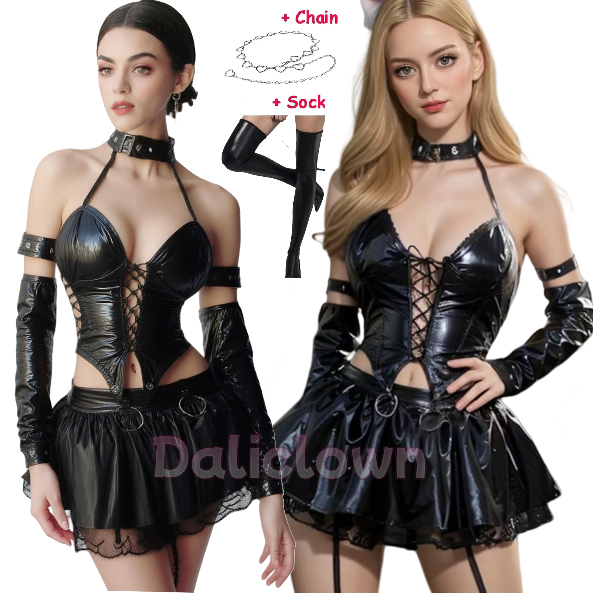 

Miss Misa Devil's City Queen аниме косплей костюм женский сексуальный готический черный корсет из искусственной кожи на шнуровке верхняя юбка наряд на Хэллоуин