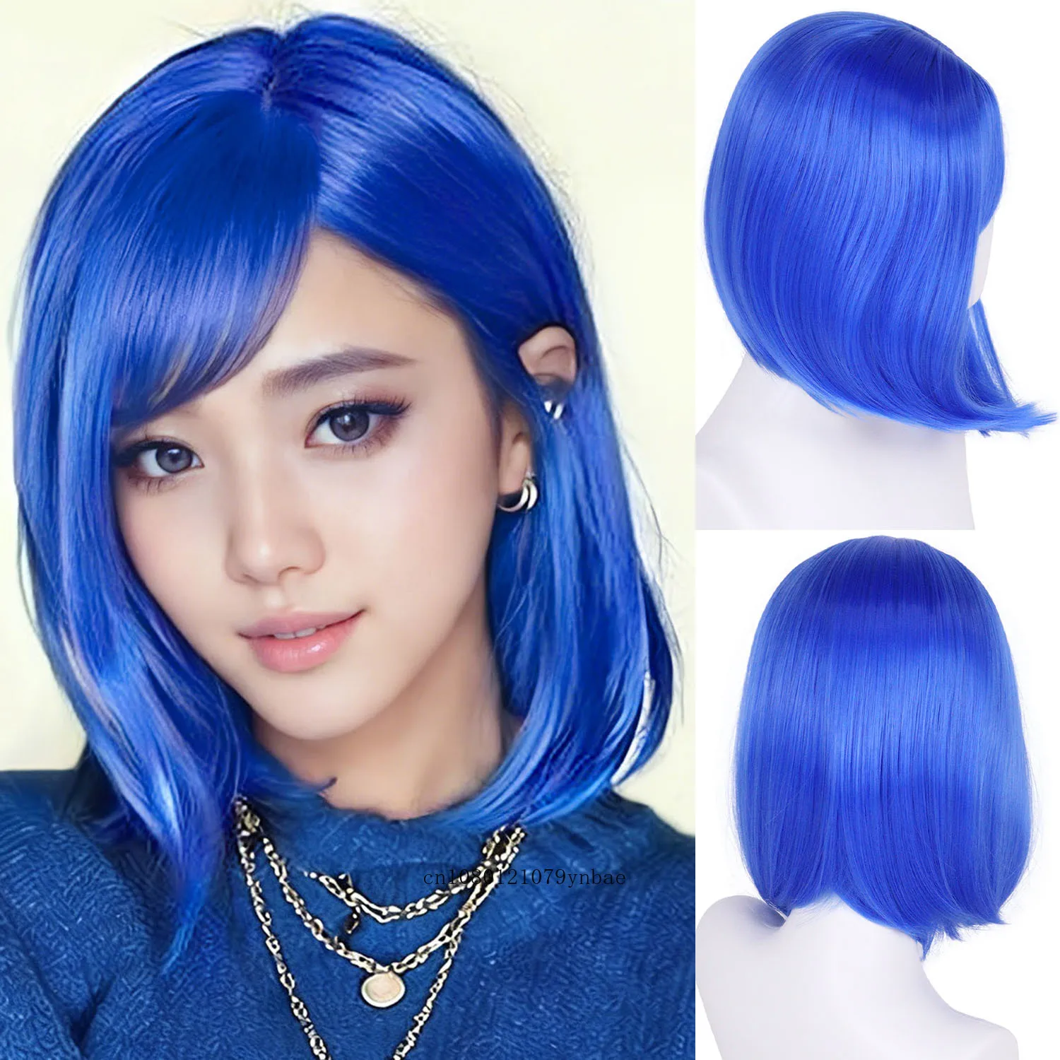 

Синтетический синий парик-каре для женщин и девочек, парик для Хэллоуина, карнавальный парик, парик для костюма Коралины, синий парик для аниме-косплея с челкой, 14 дюймов