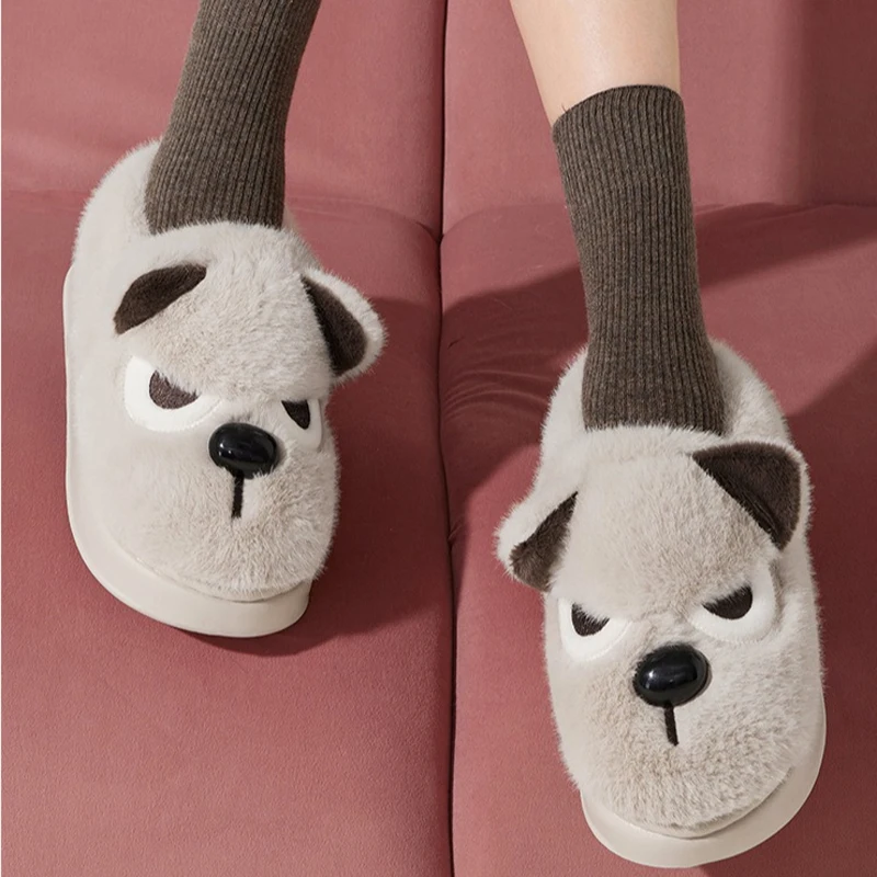 

Winter Warm Dog Fuzzy Slipper Women Fluffy Fur Plush Indoor Lazy Thermal Furry Home House Shoe Flat Ladies Puppy Slide men Male