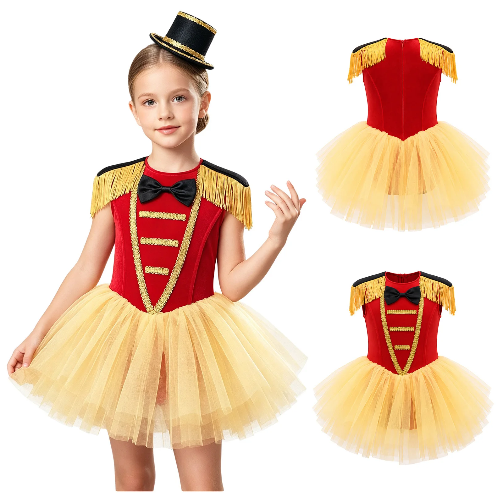 Children Girls Circus Ringmaster Dress Sleeveless Velvet Tulle Ballet Tutu Leotard Halloween Carnival Magician Cosplay Costume