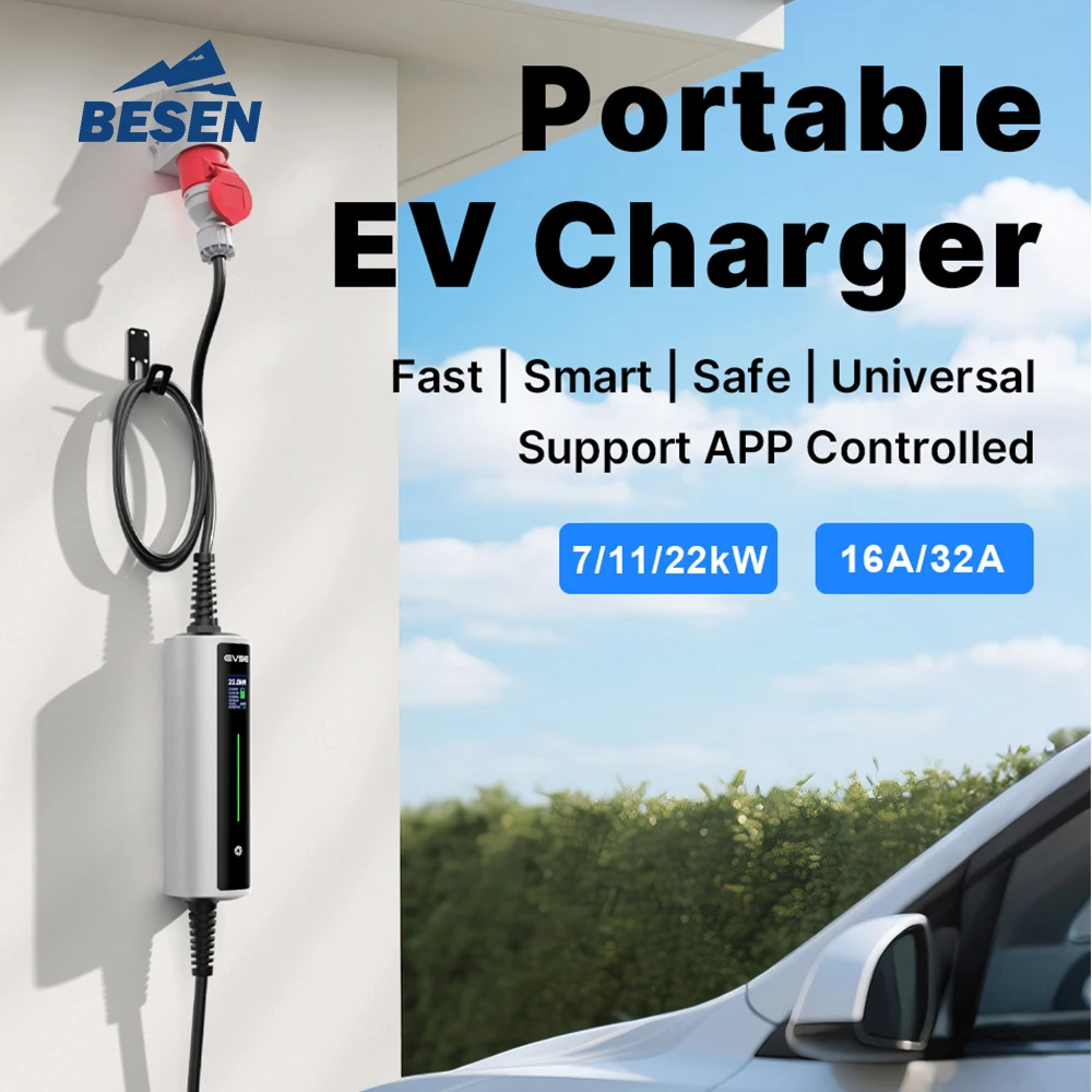 

Besen Evse 32A 22KW Portable EV Charger IP66 Type 2 GBT Charging Box for Electric Vehicles