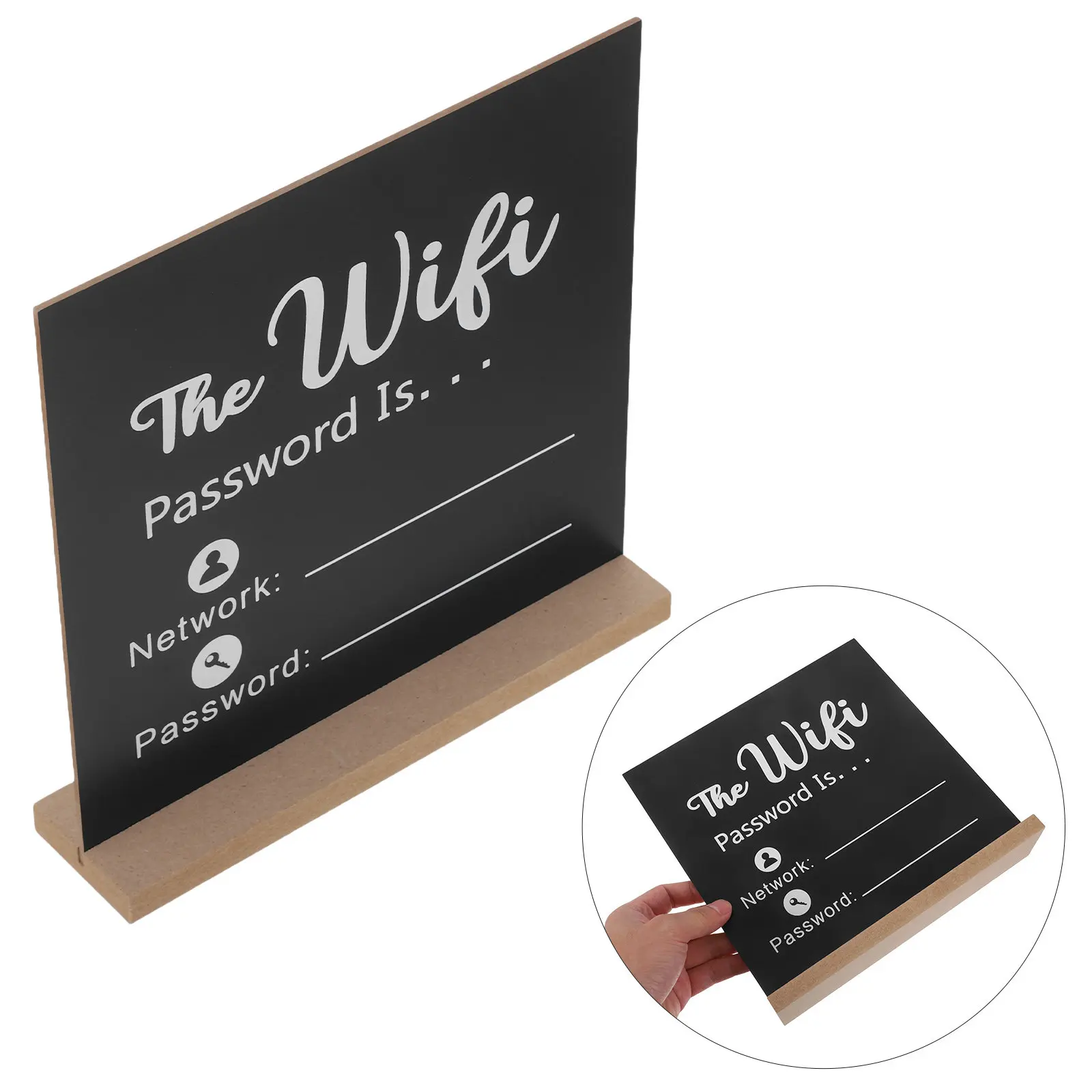 ブラックwifiパスワードサインデスクトップ木製ベースワイヤレス垂直wifiパスワードサイン（オフィス、ホテル、カフェ、会議用）