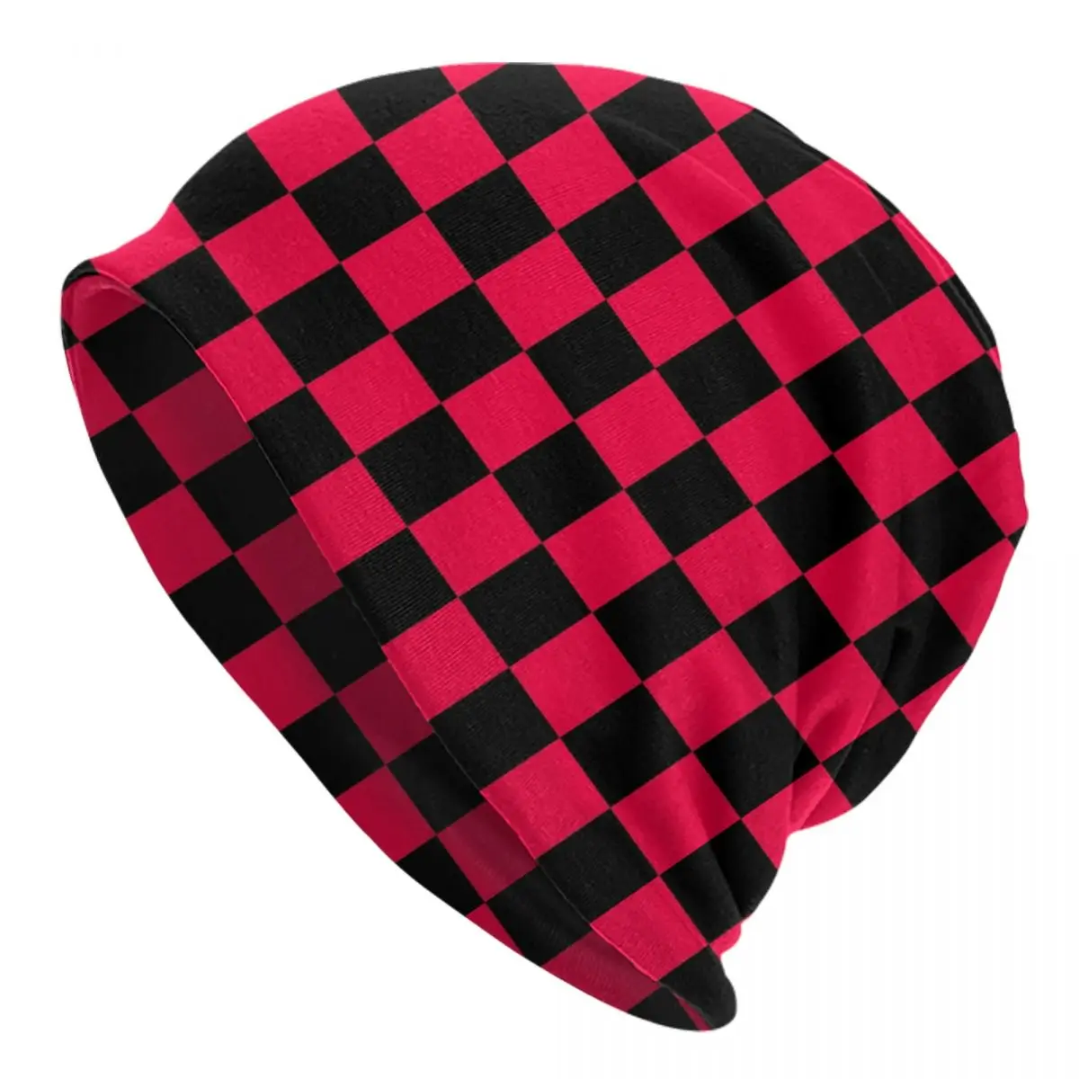 Black And Red Checkerboard Pattern Skullies Beanies Caps For Outdoor Winter Warm Knitting Hat Adult Plaid Geometric Bonnet Hats