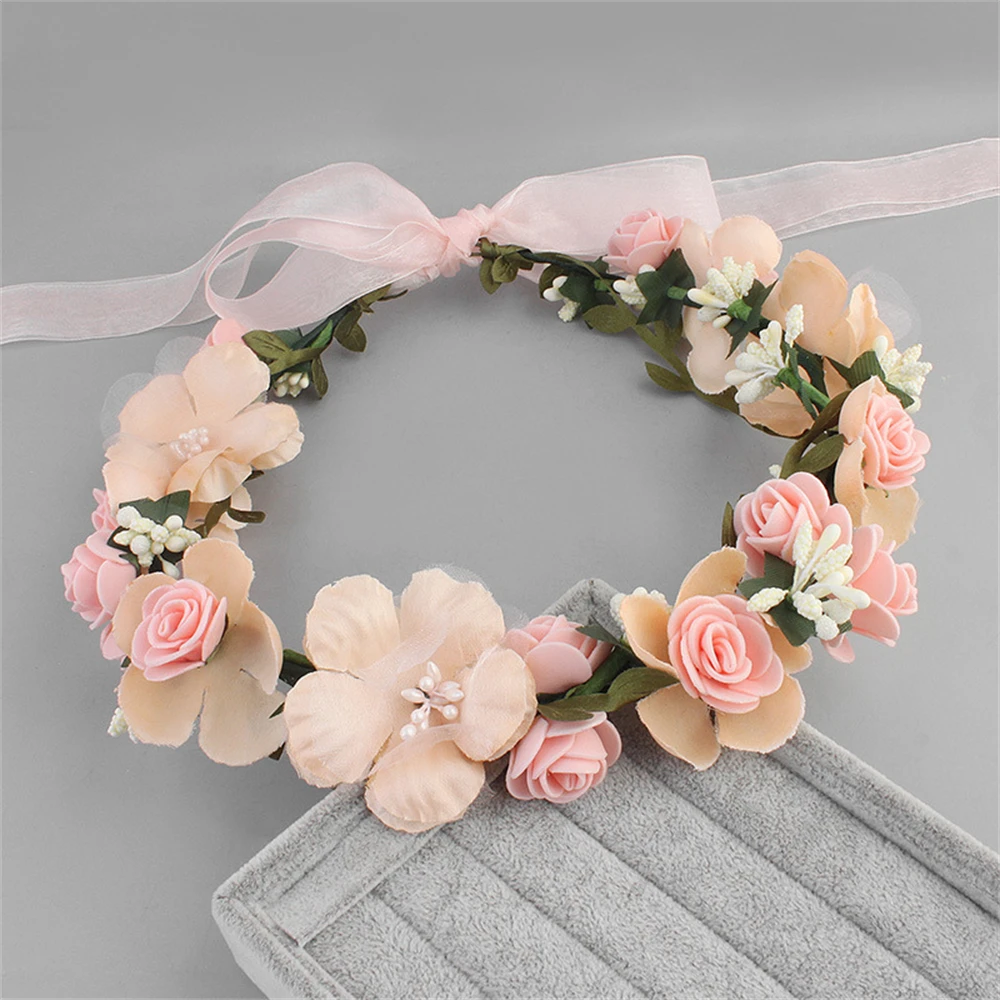 3D Artificial Flower Wreath Bride Women Flower Crown Hair Band Wedding Floral Headband Garland Ribbon Girl Hair Accessorie 2024