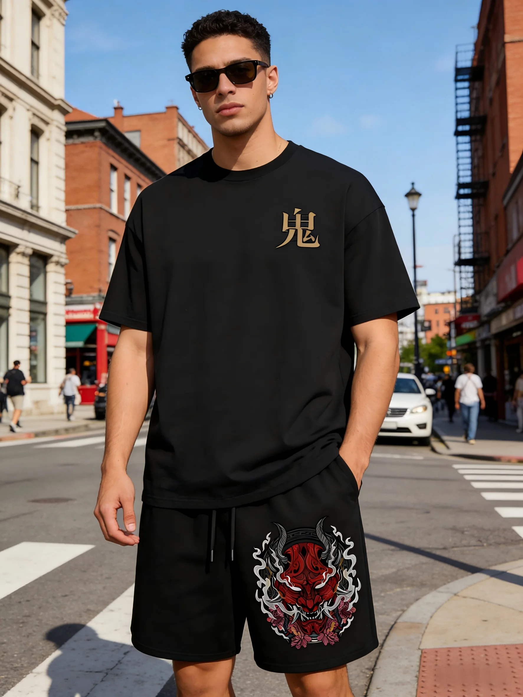 

European and American men's summer ghost mask letter print comfortable breathable drawstring shorts outdoor fashion shorts