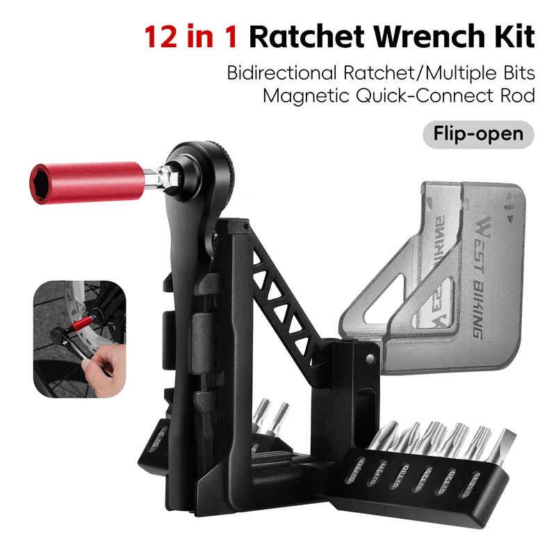 

12-in-1 Bicycle Multi-Tool Set with Two-Way Ratchet Wrench and Magnetic Allen Wrench - Portable Bicycle Repair Tool Set