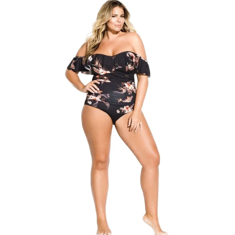 ملابس سباحة نسائية أوروبية وأمريكية جديدة لعام 2025 قطعة واحدة، كتف كلمة واحدة مقاس كبير بالإضافة إلى ملابس سباحة قطعة واحدة مطبوعة بالدهون