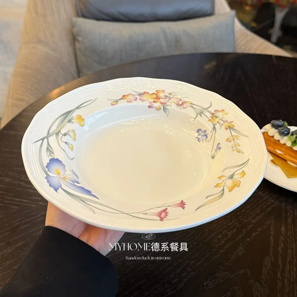 

Plate Korean Style Ceramic Elegant Beautiful Middle - Age Iris Western Food Soup Plate High Appearance Level