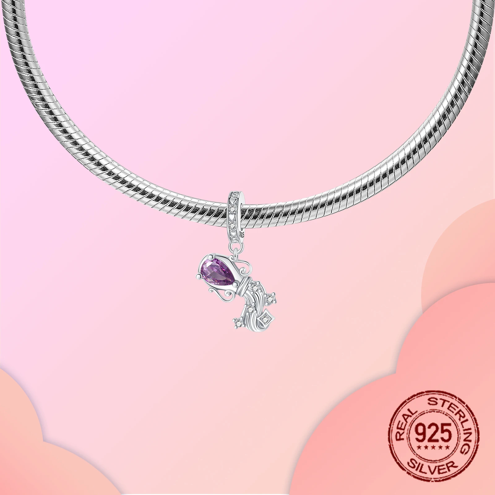 925 فضة 12 الأبراج الدلو الأرجواني دلاية من حجر الزركون سحر صالح الأصلي أساور ساحرة النساء DIY بها بنفسك مجوهرات هدية