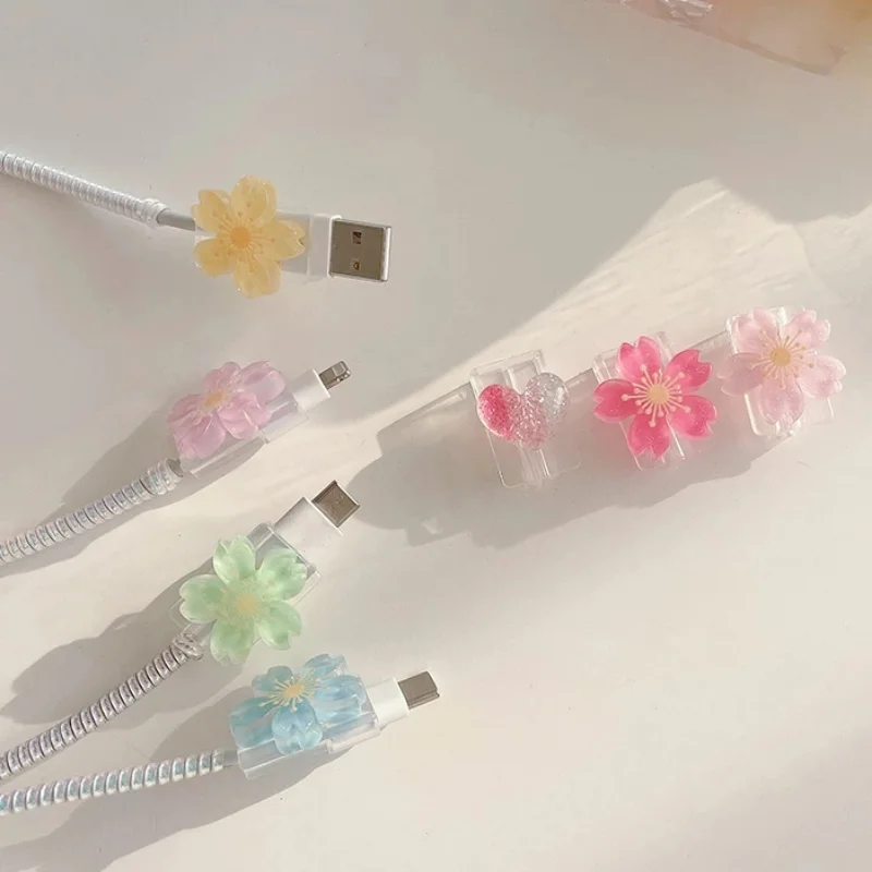 1/5Pcs USB Charger Cable Protector Data Line Cord Case Colorful Kawaii Flowers Soft TPU Cover for iPhone Android Type-C Charging