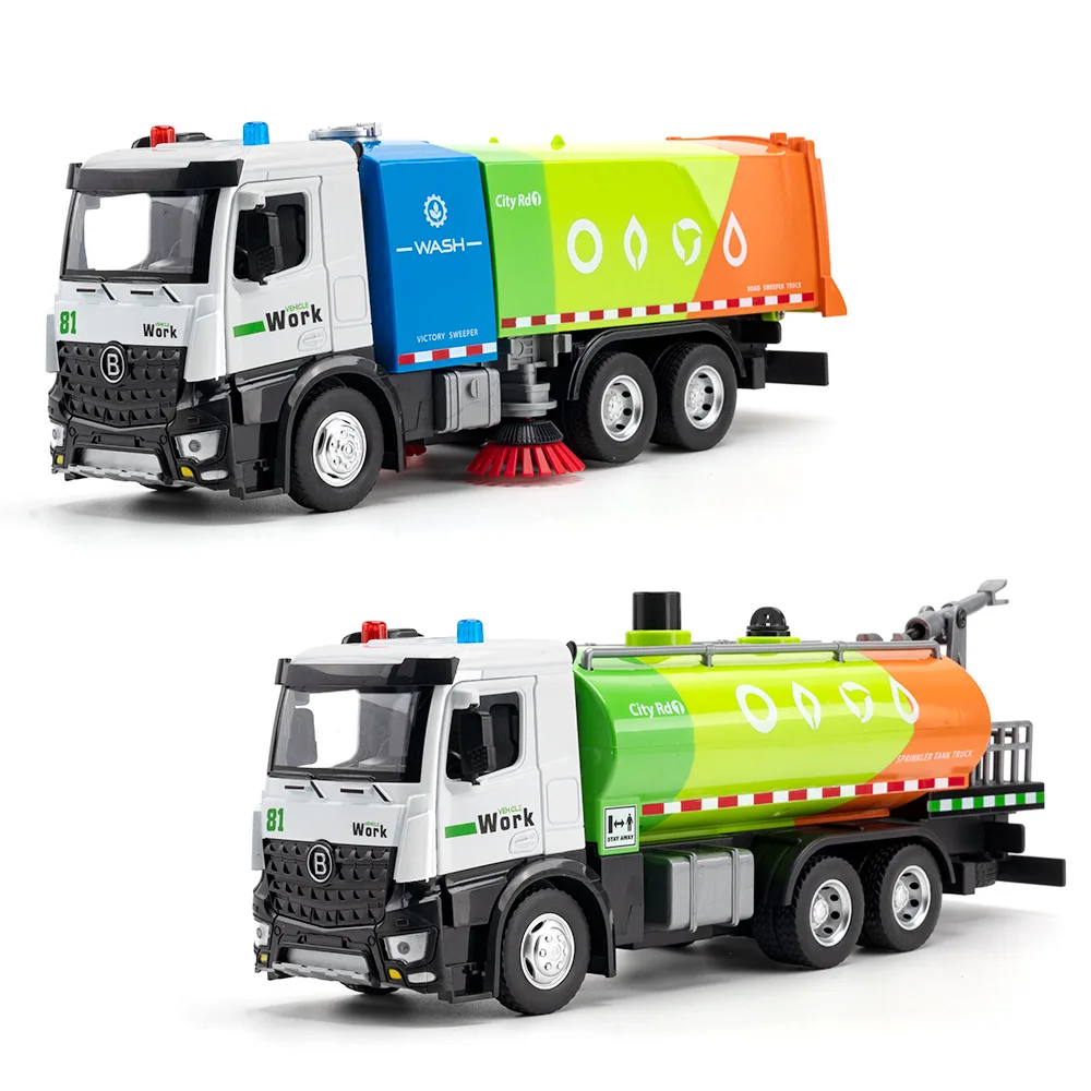 1:18 Alloy Sweeper Sprinker Truck Engineering Sanitation Vehicle Simulation Car Model Sound and Light Toy for Boy Children Gift