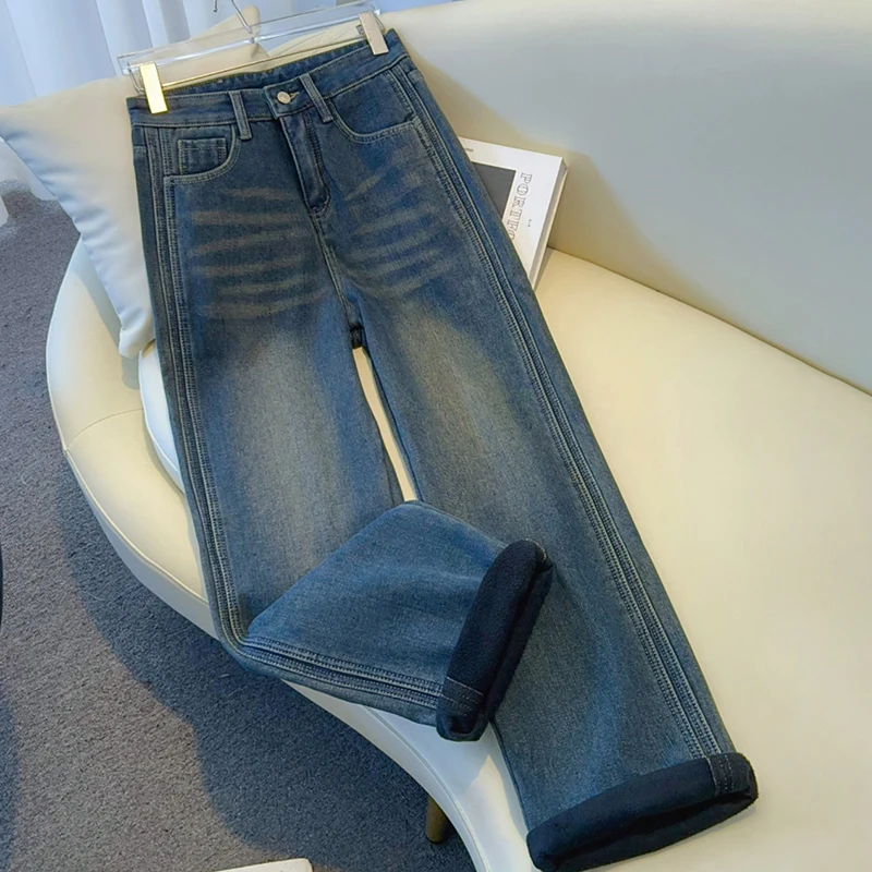 

Женские джинсы на флисовой подкладке, зима 2025, новые трендовые джинсовые брюки с высокой талией, женские винтажные прямые широкие брюки