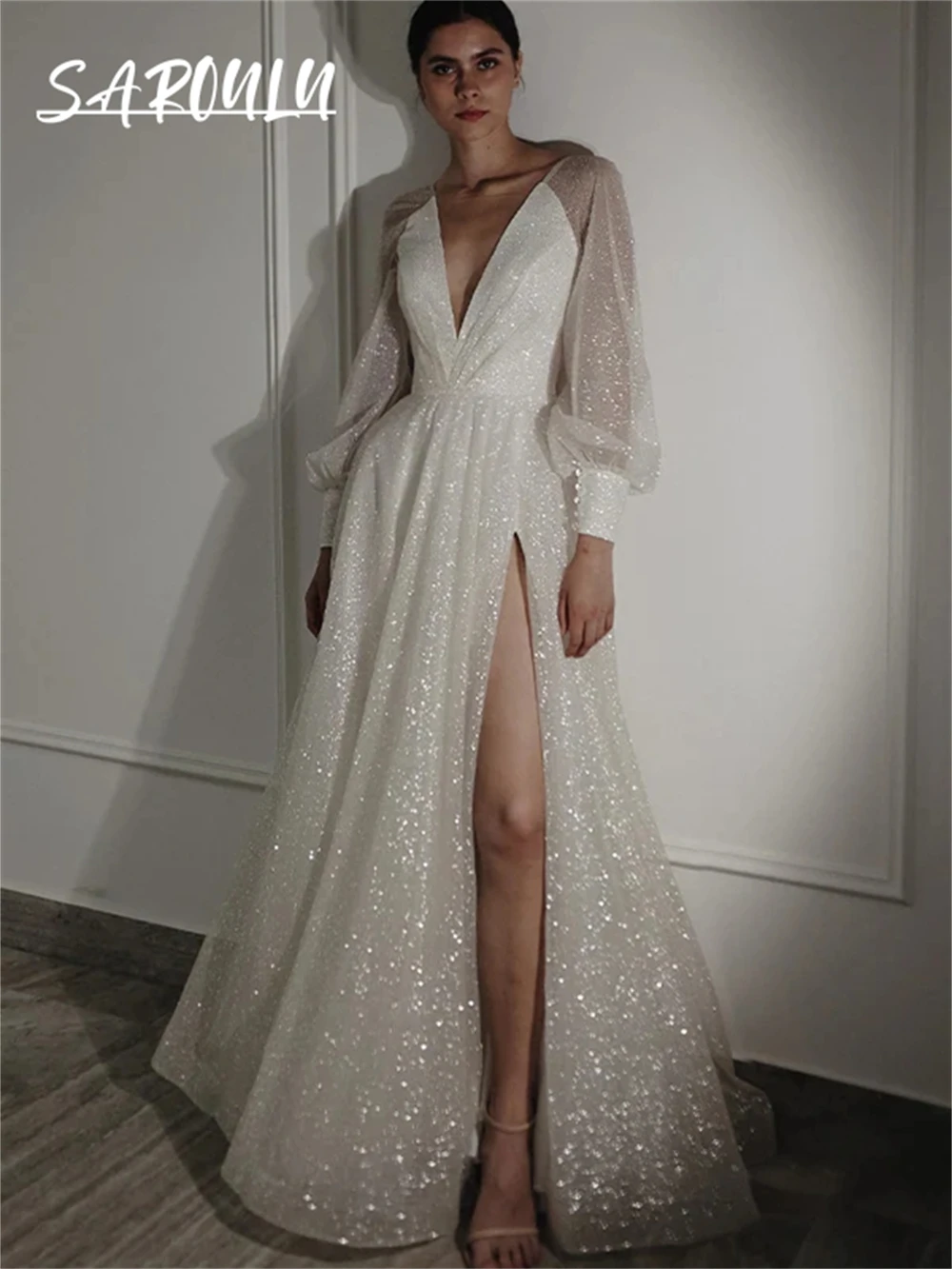 

Sparkle Sequined Long Wedding Dress Lantern Full Sleeves V Neck Modern Bridal Gown Robe De Mariee Floor-length Bride Dresses