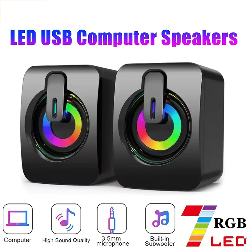Computer Speakers HiFi Stereo Microphone Audio PC Speaker With 3.5mm Aux Cable LED Light For Home Desktop Computers PC Laptops