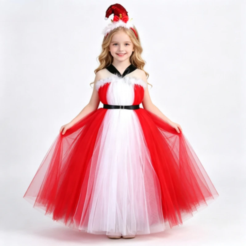 long-puffy-girls'-party-dress-for-christmas-red‑and‑white-stylish-formal-kids'-dress-performance-outfit-for-halloween-parties